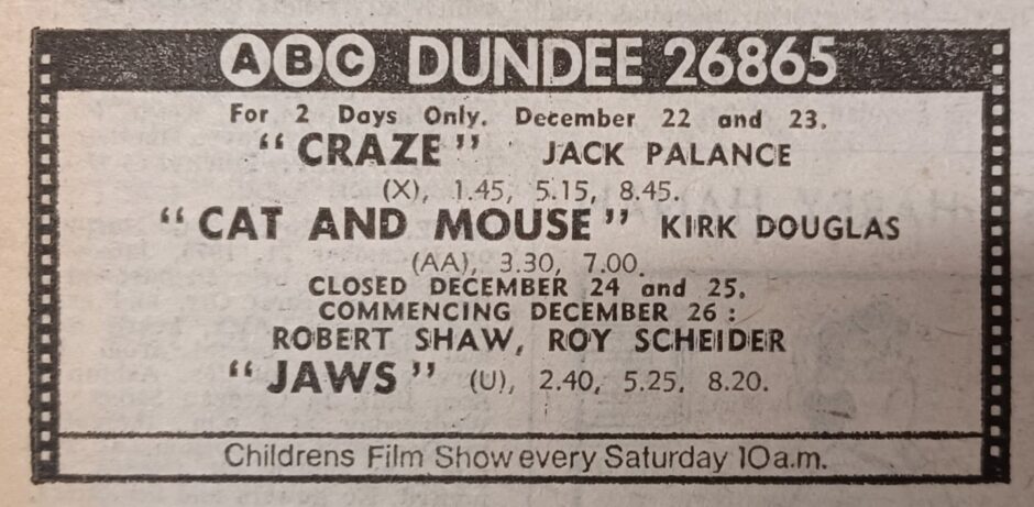 A cinema listing for Jaws on Boxing Day 1975 in Dundee.