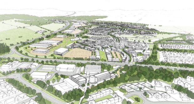 Artist drawing of Perth West project showing houses, business land and new roads