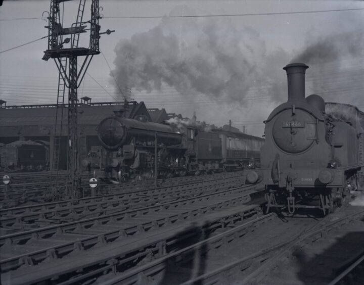 Two steam trains side by side in Dundee.