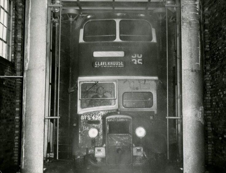 One of Dundee's double-deckers gets a wash at the Marchbanks depot.