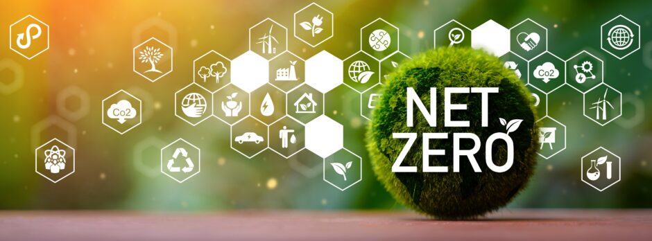 a graphic with 'net zero' and different shapes representing a net zero global economy