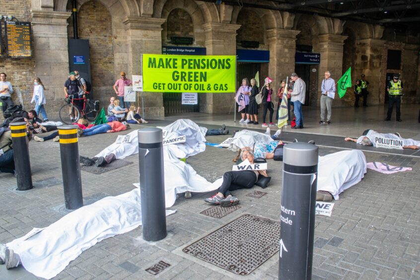a 'make pensions green' protest