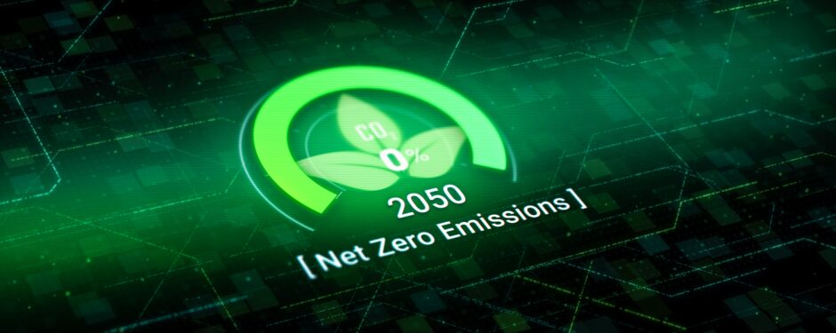 A graphic showing a leaf with '2050 net zero emissions' - most countries and businesses net zero strategy