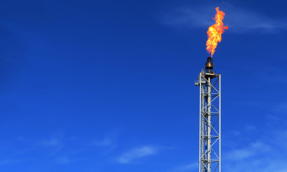Gas flare releases GHG in the atmosphere.