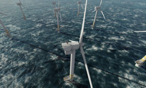 Aerial view of an offshore wind farm.
