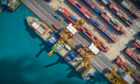 Aerial view of container cargo on a ship.
