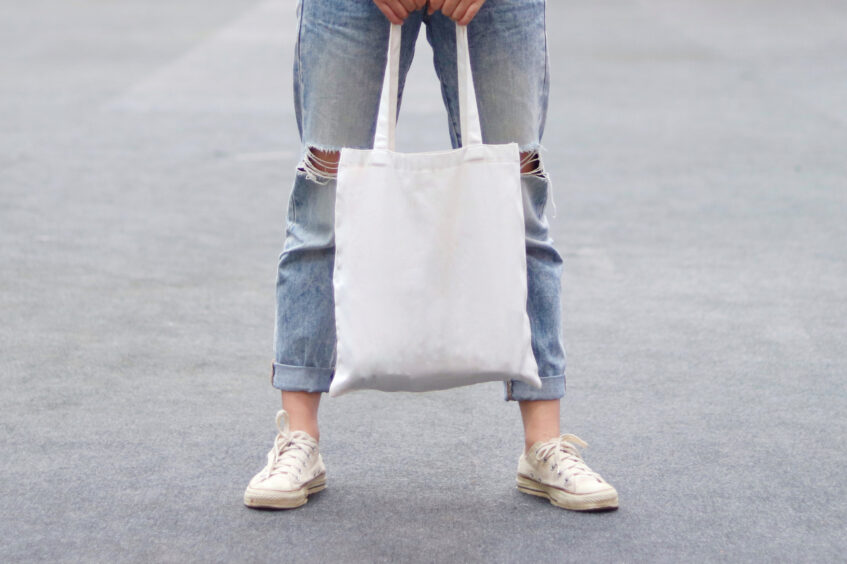 Model holding a blank white tote bag.