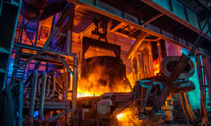 Steel being produced in a conventional furnace.