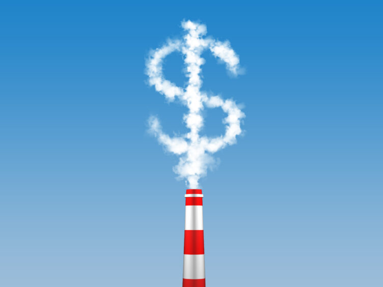 Conceptual art showing industrial emissions forming the shape of a dollar sign.