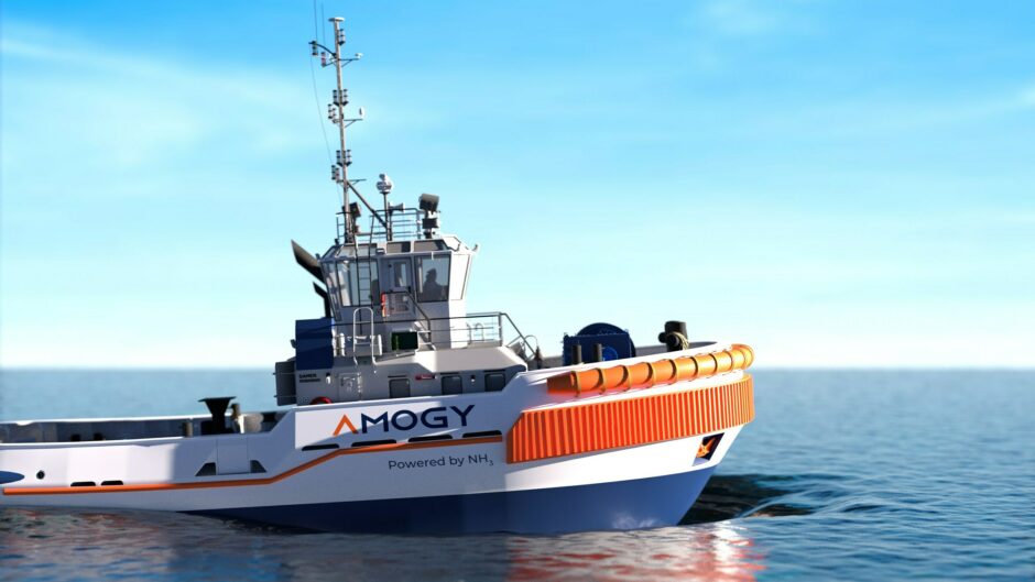 A rendering of Amogy's ammonia-powered tugboat