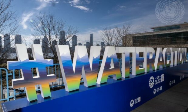 A view of a Water Action sign at UN Headquarters during the UN 2023 Water Conference.