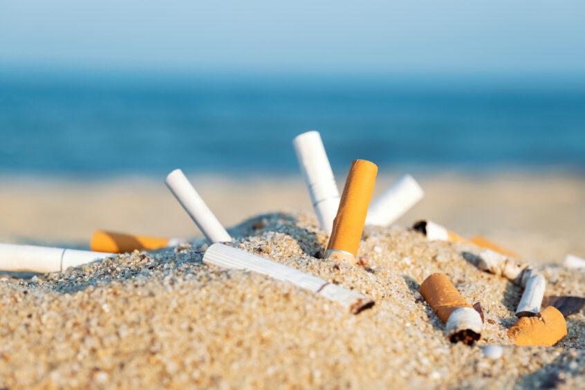 Discarded cigarette butts littering an otherwise pristine beach.