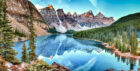 Scenic panorama of the Moraine Lake in Banff National Park.