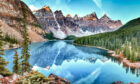 Scenic panorama of the Moraine Lake in Banff National Park.