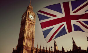 Union flag flying in front of Big Ben tower.