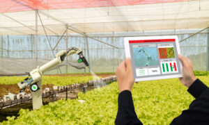 A grower uses their tablet device to control the settings of a robotic indoor growing system.