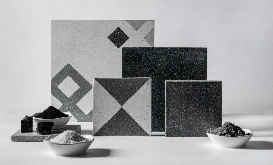 Sample tiles made from captured carbon emissions.