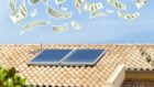 Mock up shop shows dollars raining down over solar panels installed on a rooftop.