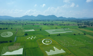 Aerial view of agricultural land with overlaying data on ecological factors.