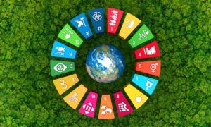 Sustainable Development Goals represented as differently coloured segments surrounding the Earth.