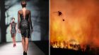 Image split in two, with one side showing a model on the catwalk while the other shows a helicopter attempting to put out a dramatic wildfire.