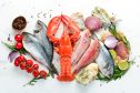 Selection of seafood products against a white background.