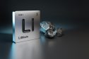 Periodic symbol of lithium, placed next to a sample of the critical mineral.