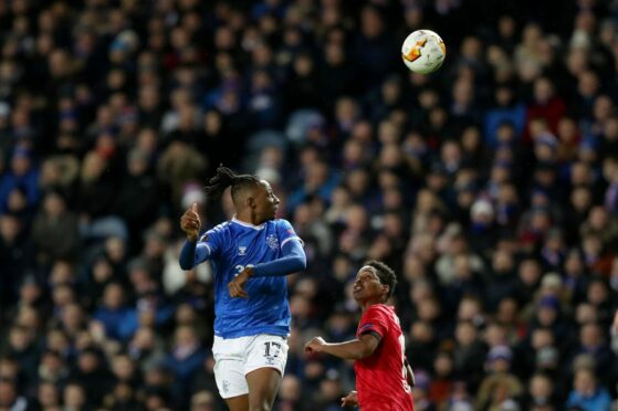 Rangers' Joe Aribo vies for the ball with Bayer Leverkusen's Wendell during the Europa League match at Ibrox