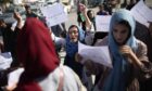 Afghan women chant during a protest in Kabul