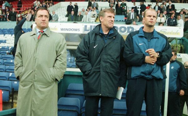 Dick Advocaat at Prenton Park with Bert van Lingen and Tommy Moller-Neilsen ahead of the UEFA Cup tie with Shelbourne in 1998