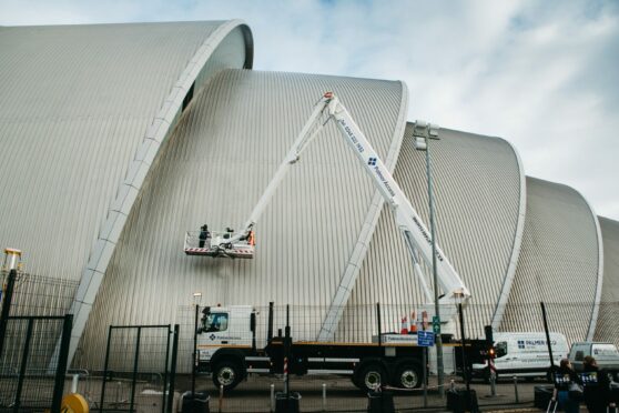 The Armadillo building at Scottish Events Campus in Glasgow is cleaned ahead of the Cop26 climate conference