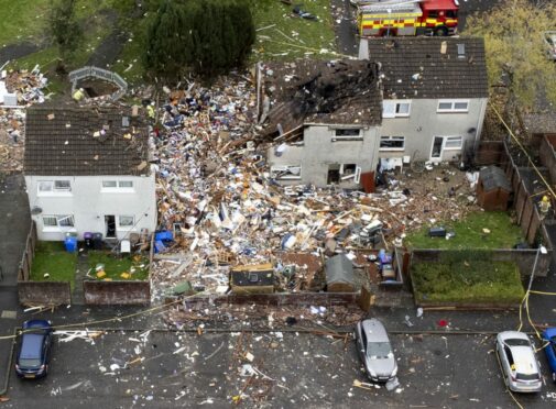 An image taken by drone of the scene in Gorse Park, Kincaidston, where two adults and two children were taken to hospital following a large explosion at a house on Monday.