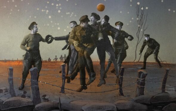 An artist’s impression of the 1914 Christmas truce, when soldiers of both sides played football in no-man’s land