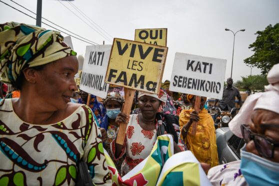 A military widows group protests in Bamako, Mali, in support of co-operation between Malian and Russian forces