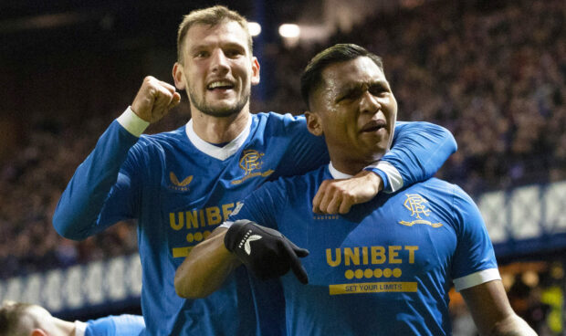 Alfredo Morelos celebrates with Borna Barisic on Thursday night at Ibrox