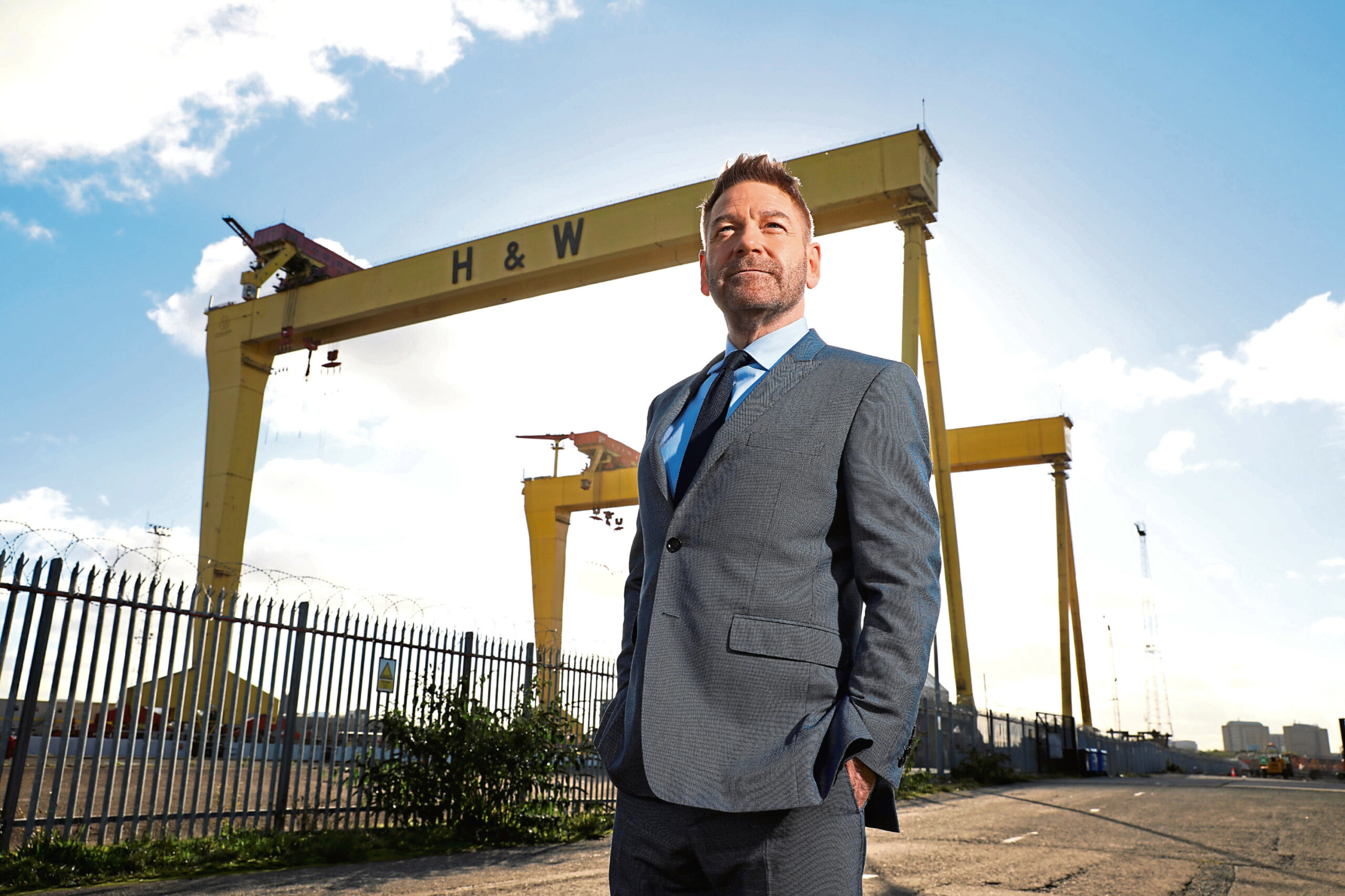 Kenneth Branagh at Northern Ireland's iconic Harland & Wolff cranes 'Samson and Goliath' ahead of the Irish premiere of his critically acclaimed new film BELFAST.