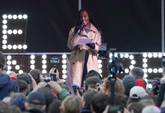 Ugandan climate justice activist Vanessa Nakate speaking on the main stage in George Square as part of the Fridays for Future Scotland march during the Cop26 summit in Glasgow.