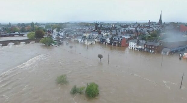 Drone footage showed the devastating impact of flooding in Dumfries after a river Nith burst its banks.