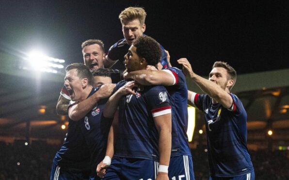 Che Adams scores Scotland's second against Denmark at Hampden (Pic:Ross MacDonald / SNS Group)