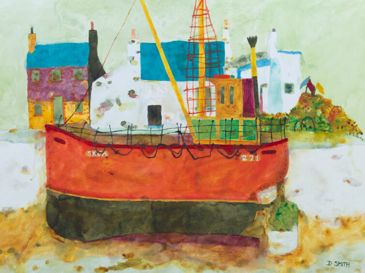 ‘The Skua’ by David Smith. David says: “This was a gaff rigged fishing trawler tied up at Stornoway Harbour. The rigging, colours and lines offered an interesting composition, and watercolour is the perfect medium for these colours.”
