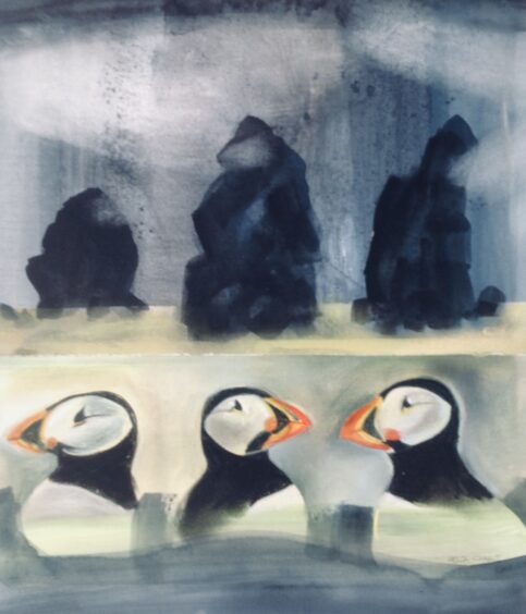 ‘Every Third Wave’ by Helga Chart. Helga says: “This painting comes from concerns about seabirds and their habitat. I sailed to St Kilda to observe its unique bird population and was bombarded by skuas while making drawings and sketches.”