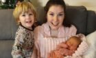 Lucy Lintott with son LJ and new baby daughter at home in in Elgin