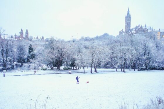 Glasgow's Kelvingrove Park under heavy snow as the Met Office has issued a warning of snow stretching from the Highlands through to Glasgow and Edinburgh.