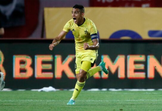 Frank Castaneda celebrates scoring for Sheriff Tiraspol against Red Star Belgrade in the Champions League