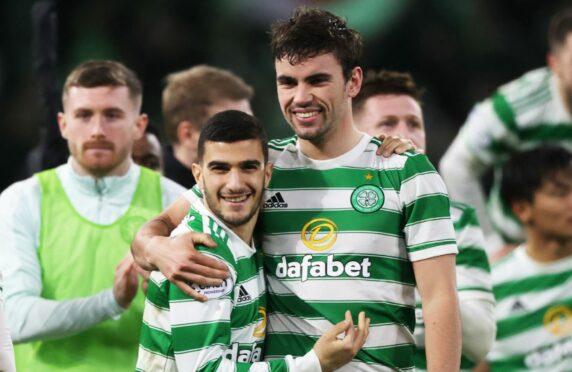 New Bhoy Matt O’Riley celebrates his stunning Old Firm derby debut with Liel Abada earlier this month