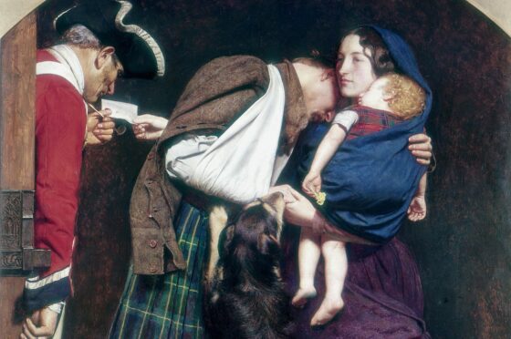 The Order of Release, 1746, a painting by John Everett Millais shows a Jacobite soldier being released to his wife, child and dog after being taken prisoner