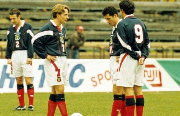 Billy Dodds and John Collins get ready to kick-off a game in Estonia in 1996 that lasted three seconds