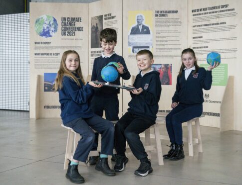 Dundard Primary School P5 pupils Isla Szczerkowska, Huxley Quirk, Tyler Dalgleish and Madison Waddell photographed at the Glasgow Science Centre with environmental exhibits and furniture donated by Ikea from Cop26