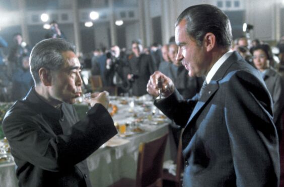 Richard Nixon shares a toast with Chinese Premier Zhou Enlai at a banquet in Beijing in 1972
