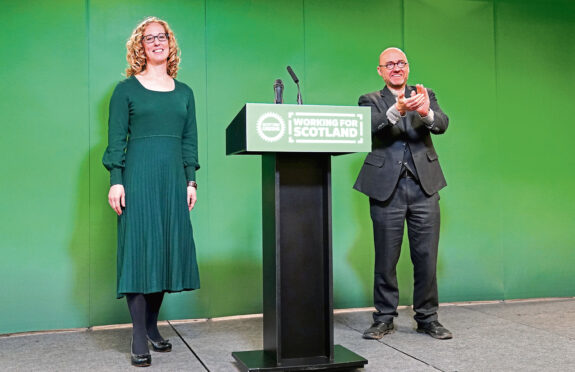 Party co-leaders Lorna Slater and Patrick Harvie on stage at the Scottish Green Party conference